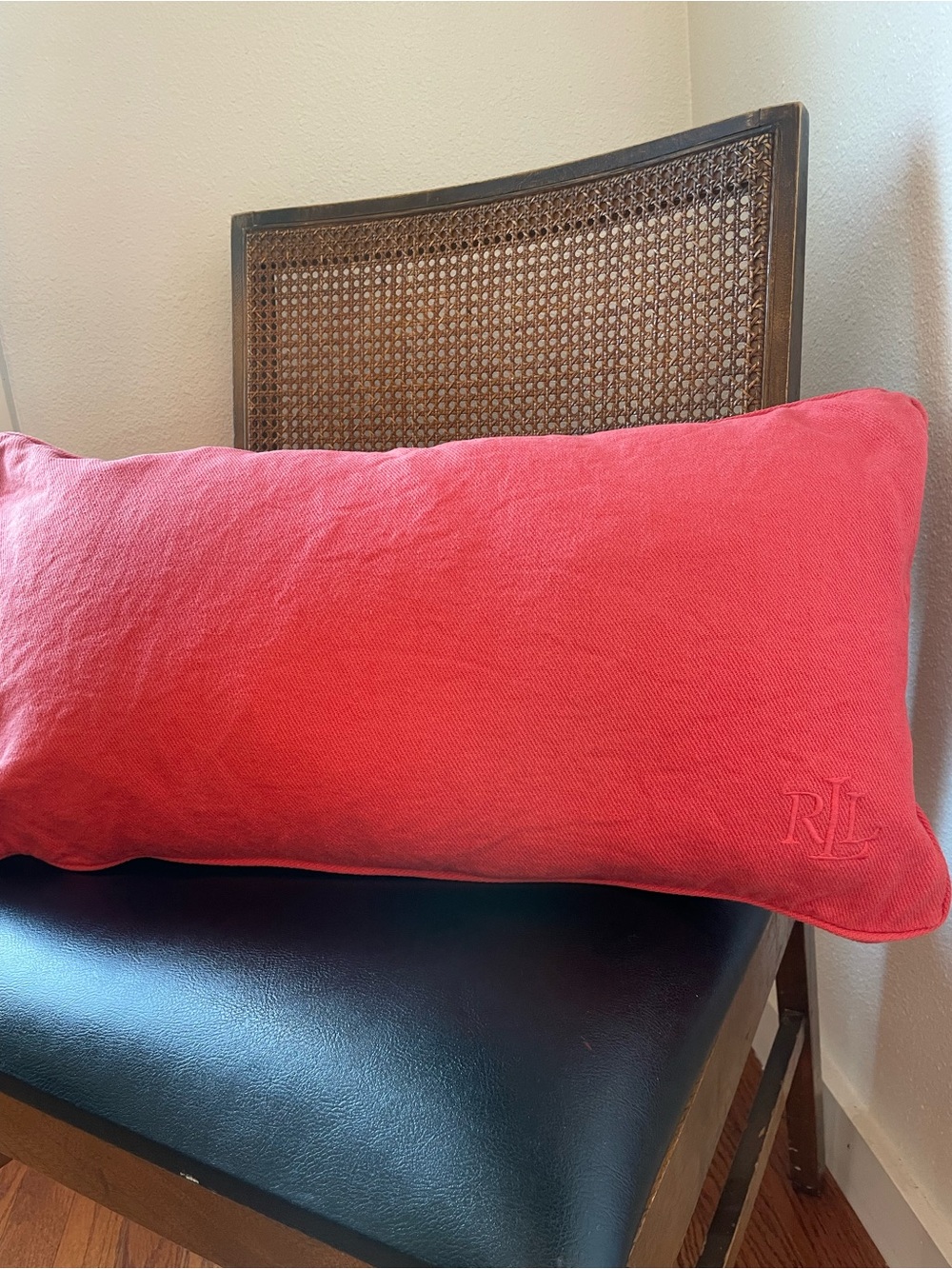 Lauren Ralph Lauren Coral-Red Lumbar Pillow with RL Monogram Cotton Down Filled